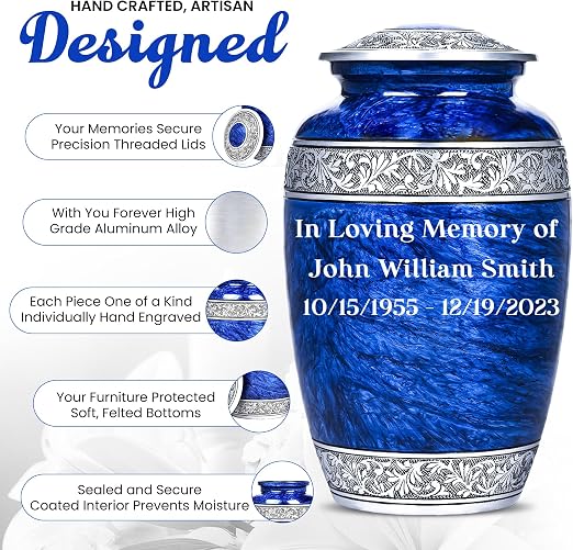 Set of 6 Blue Personalized Funeral Urns with Ash Necklace
