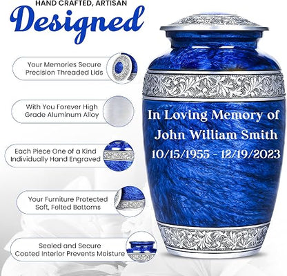 Set of 6 Blue Personalized Funeral Urns with Ash Necklace