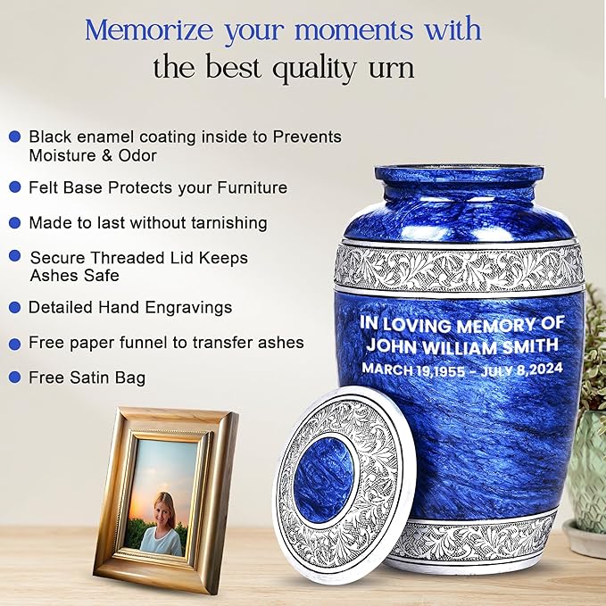Blue Personalized Adult Urn with Ash Necklace